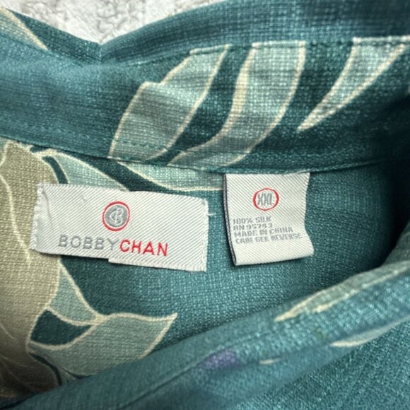 Bobby Chan Mens Silk Hawaiian Shirt XXL Green Leaf Print Button Up Shirt Sleeve - Picture 3 of 7